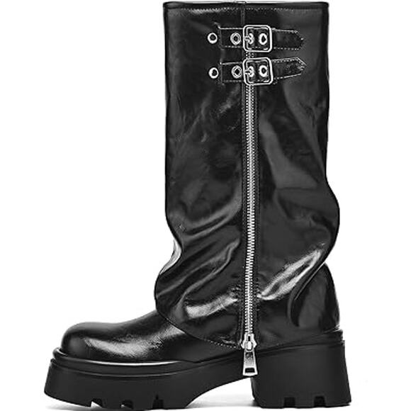 Teaieui Women Size 6.5 Black Faux Leather 2" Heel Mid Calf Buckle Zip Moto Boots - Picture 2 of 6